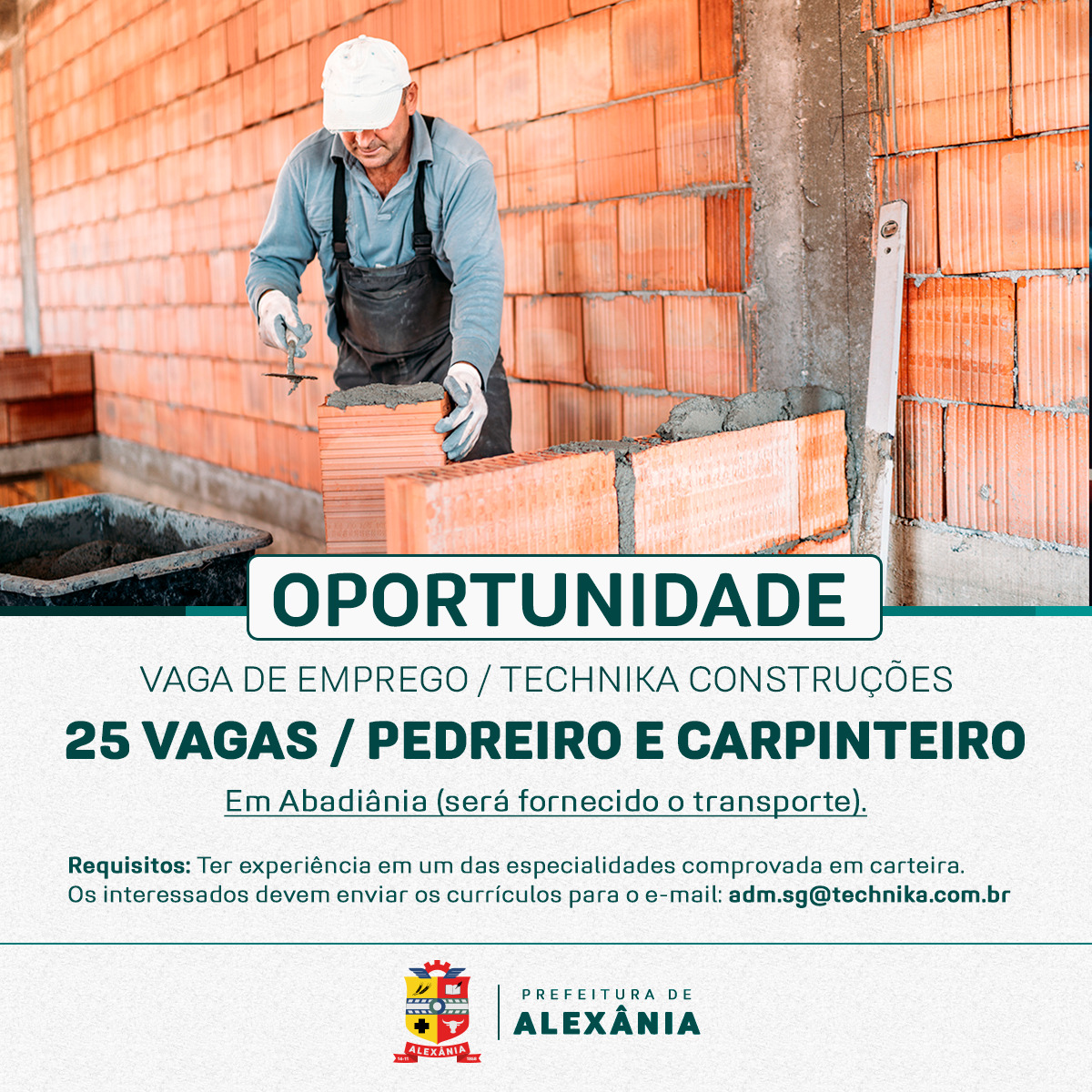 Oportunidade de Emprego - Carpinteiro e Pedreiro
